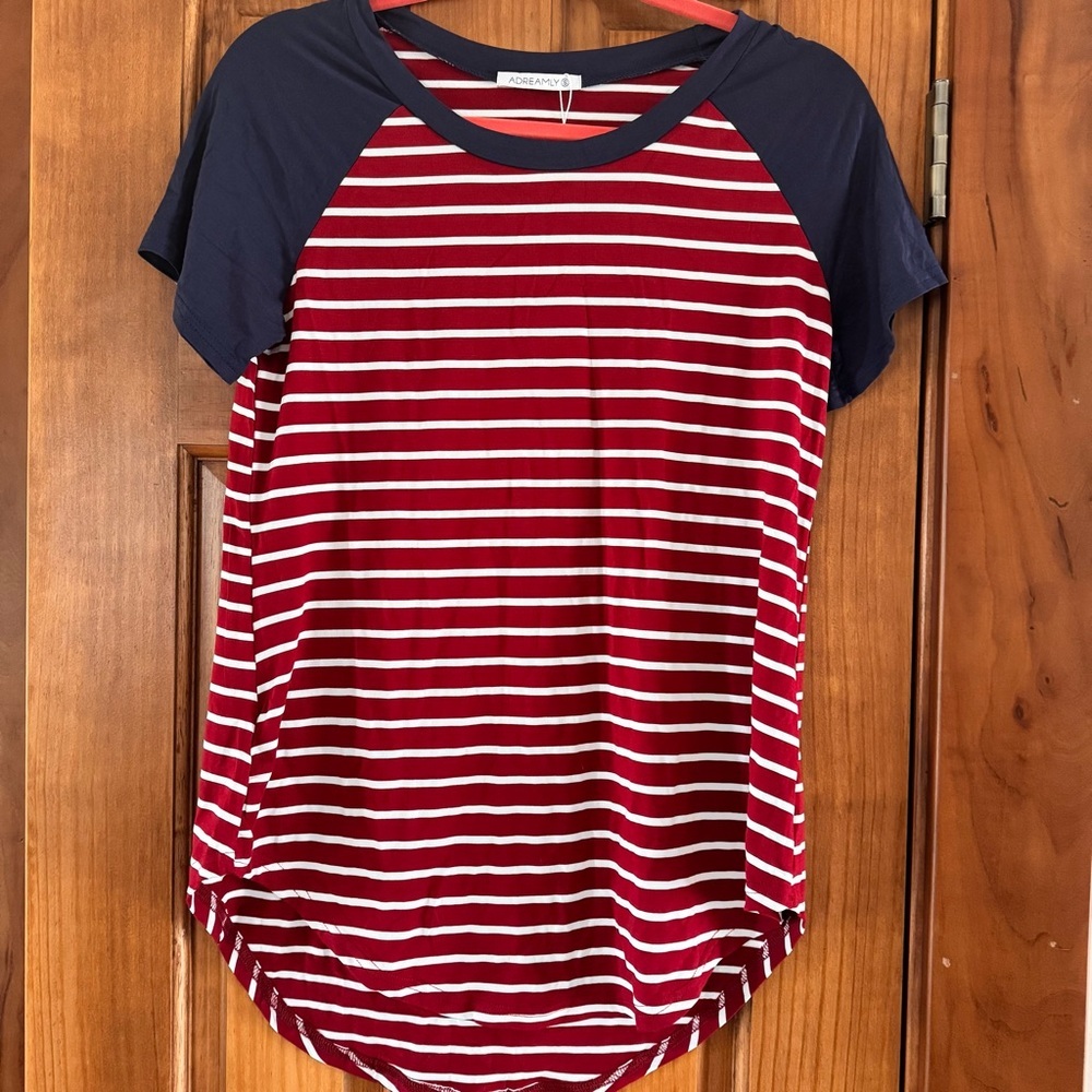 NEW ADREAMLY Blouse Women’s Small Navy Burgundy Red Striped Patriotic Shirt Top